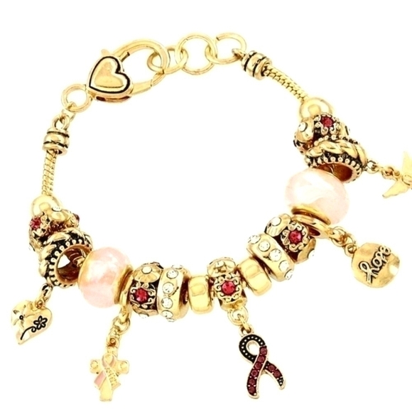 Jewelry - Pandora Inspired Breast Cancer Pink Ribbon Charm Bracelet, Gold Tone